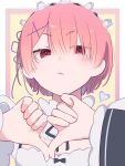  1girl apron closed_mouth commentary_request heart highres maid maid_apron maid_headdress pink_eyes pink_hair ram_(re:zero) re:zero_kara_hajimeru_isekai_seikatsu roswaal_mansion_maid_uniform short_hair solo yucchiimi 