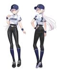  1girl artist_request baseball_cap baseball_uniform belt black_pants black_shirt black_shoes blue_eyes blue_hat closed_mouth commentary_request hair_between_eyes hand_on_own_hip hat kohoku_baseball_uniform long_hair looking_at_viewer looking_back low_ponytail multiple_views official_art open_mouth pants ponytail reference_sheet rokkouin_makoto shin_guards shirt shirt_under_shirt shoes short_sleeves simple_background sportswear tamanchu! white_background white_belt white_hair white_shirt wristband 