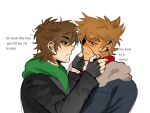  2boys animification antenna_hair beard_stubble black_coat black_eyes black_gloves blue_coat brown_hair burn_scar coat commentary edd_(eddsworld) eddsworld english_commentary english_text eye_contact eyepatch facial_hair fan_request fingerless_gloves funkyhoodie fur-trimmed_coat fur_trim future_edd_(eddsworld) gloves green_hoodie grey_eyes hair_behind_ear hair_ears hands_on_another's_face hood hood_down hoodie long_sleeves looking_at_another male_focus mature_male multiple_boys red_leader_(eddsworld) red_sweater scar short_hair simple_background spoilers stubble sweater tord_(eddsworld) trench_coat turtleneck turtleneck_sweater white_background yaoi 
