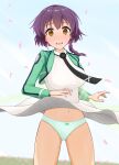  1girl absurdres black_necktie blazer blurry blurry_background blush bow bow_panties braid breasts brown_eyes commentary_request commission cowboy_shot dot_nose dress falling_petals first_high_school_uniform floating_clothes green_bow green_jacket green_panties hagoromo highres jacket large_breasts long_sleeves looking_at_viewer mahouka_koukou_no_rettousei medium_hair naatovalhalla navel necktie open_hands open_mouth outdoors panties pantyshot petals purple_hair raised_inner_eyebrows sakurai_minami school_uniform shawl skeb_commission solo standing teeth thighs underwear upper_teeth_only variant_set white_dress wind wind_lift 