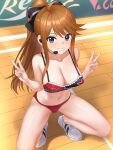  1girl absurdres bare_arms bare_legs bare_shoulders black_shirt bow breasts cameltoe cleavage collarbone covered_nipples crop_top double_v earpiece fintowing frills grin hair_bow hands_up highres idolmaster idolmaster_million_live! large_breasts long_hair looking_at_viewer navel no_pants orange_hair panties ponytail purple_eyes red_panties red_shirt shirt shoes sidelocks sleeveless sleeveless_shirt smile sneakers solo spaghetti_strap squatting stomach sweat thighs tokoro_megumi two-tone_shirt underwear v white_shoes 