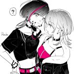  2girls ? absurdres alternate_hair_length_(shorter) animal_ears azusawa_kohane closed_mouth commentary_request crop_top earrings eye_contact full_body highres jacket jewelry looking_at_another medium_hair midriff multicolored_hair multiple_girls official_alternate_costume official_alternate_hairstyle over_rad_squad!!_(project_sekai) parted_lips project_sekai rexxxxder sensation_(vocaloid) shiraishi_an simple_background spoken_question_mark streaked_hair upper_body white_background yuri 