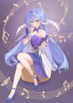  1girl bass_clef beamed_eighth_notes beamed_sixteenth_notes blue_hair choker commentary_request cosmetics dangle_earrings dotted_quarter_note dress earrings eighth_note facial_mark feathers gold_halo gold_trim green_eyes green_hair grey_background head_wings high_heels highres holding holding_lipstick_tube holding_makeup_palette honkai:_star_rail honkai_(series) jewelry jinyc_yilan lipstick_tube long_hair mark_under_eye musical_note musical_staff pumps purple_choker purple_dress purple_shoes quarter_note robin_(honkai:_star_rail) shoes simple_background sixteenth_note solo star_(symbol) treble_clef two-tone_dress very_long_hair wavy_hair white_dress white_feathers white_wings wings 