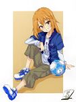  1girl ball blue_jacket blush brown_eyes brown_hair commentary eyelashes full_body green_pants hair_between_eyes hand_on_ground highres idolmaster idolmaster_cinderella_girls jacket layered_sleeves long_hair long_sleeves open_clothes open_jacket pants sekiya_kuzuyu shadow shirt shoes short_over_long_sleeves short_sleeves signature simple_background sitting smile soccer_ball solo white_shirt white_shoes yuuki_haru 