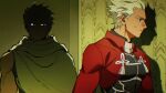  2boys absurdres archer_(fate) armor backrooms_(creepypasta) breastplate cloak coat code3755 dark-skinned_male dark_skin dual_persona fate/stay_night fate_(series) grey_eyes hair_slicked_back highres indoors male_focus multiple_boys red_coat shaded_face white_hair 