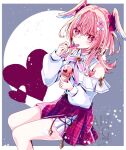  1girl clothing_cutout eating feathered_wings genshin_impact hair_ornament head_wings heart heart-shaped_pupils holding holding_ice_cream_cone holding_spoon ice_cream_cone invisible_chair linnea_(baskin-robbins)_(genshin_impact) linnea_(genshin_impact) looking_at_viewer medium_hair pink_eyes pink_hair plaid_clothes plaid_skirt pointy_ears red_skirt shirt shoulder_cutout sidelocks sitting skirt solo spoon symbol-shaped_pupils watermark white_shirt wing_hair_ornament wings yuyu_(spika) 