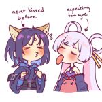  >_< 2girls animal_ears arrow_(symbol) blue_hoodie cho_kaguya-hime! colored_inner_hair commentary english_commentary english_text flying_sweatdrops fox_ears hair_ribbon hasn't_kissed_anyone_ever_vs_expecting_a_kiss_with_tongue_(meme) hood hoodie imminent_kiss japanese_clothes kimono meme multicolored_hair multiple_girls pink_hair puckered_lips purple_hair purple_kimono ribbon runami_yachiyo sakayori_iroha sher_(imnotsher) simple_background tongue tongue_out white_background yuri 