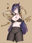  1girl adhesive_bra black_bra blue_hair bra breasts cleavage closed_eyes constellation crescent crescent_hair_ornament dragon_girl dragz1le hair_ornament headphones indie_virtual_youtuber jacket large_breasts long_hair musical_note pants simple_background solo underwear vienna_(4th_costume)_(vtuber) vienna_(vtuber) virtual_youtuber yoga_pants 