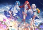  3girls absurdres blue_eyes blue_flower blue_hair blue_sky blush breasts closed_mouth cloud cloudy_sky commentary_request dress dress_tug elf eris_greyrat eris_greyrat_(adult) eyebrows_hidden_by_hair flower hair_between_eyes hair_flower hair_ornament high_heels highres holding_own_dress large_breasts leaf lily_(flower) long_hair looking_at_viewer multiple_girls mushoku_tensei open_mouth pink_flower pointy_ears purple_flower rain reflection reflective_liquid roxy_migurdia short_eyebrows short_hair sky smile standing sunflower sunset swept_bangs sylphiette_(mushoku_tensei) teeth thigh_strap thighs tongue upper_teeth_only very_long_hair white_dress white_flower white_hair wind wind_lift xiuhuabing yellow_flower 
