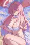  1girl absurdres ani95342287 bikini blue_archive blue_hair blush breasts choker cleavage commentary feathered_wings frilled_bikini frills gradient_hair grin halo highres holding holding_trowel large_breasts long_hair looking_at_viewer low_wings mika_(blue_archive) mika_(swimsuit)_(blue_archive) multicolored_hair navel official_alternate_costume official_alternate_hairstyle pink_hair pink_halo sand_castle sand_sculpture smile solo squatting stomach swimsuit trowel two-tone_hair untranslatable_commentary v very_long_hair white_bikini white_choker white_wings wings yellow_eyes 