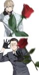  2boys absurdres aged_down before_crisis:_final_fantasy_vii black_gloves black_hair black_shirt blonde_hair blue_eyes blurry blurry_foreground blush chinese_commentary closed_mouth coat collared_shirt commentary_request final_fantasy final_fantasy_vii fingerless_gloves flower gloves grey_coat highres jacket long_sleeves male_focus meme multiple_boys red_flower red_rose rose rufus_shinra shirt short_hair shou_rou suit_jacket throwing tseng turtleneck turtleneck_shirt upper_body white_background white_shirt woe_plague_be_upon_ye_(meme) yaoi 