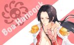  1girl absurdres amen20060731 black_hair blush boa_hancock breasts cape character_name cleavage closed_mouth earrings epaulettes highres jewelry kuja_pirates_jolly_roger long_sleeves looking_at_another one_piece sidelocks snake_earrings solo white_cape 