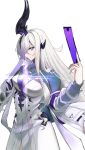  1girl absurdres arknights black_horns black_shirt blue_eyes breasts closed_mouth collared_shirt commentary_request cowboy_shot dress highres holding horns long_hair long_sleeves looking_at_viewer necrass_(arknights) partial_commentary profile shirt simple_background solo standing tesuryu white_background white_dress white_hair wingtip_collar 