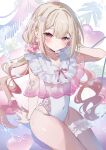  1girl absurdres arm_support blonde_hair blush bracelet closed_mouth collarbone commentary covered_navel frown hair_ornament hair_scrunchie hand_in_own_hair heart heart_hair_ornament highleg highleg_one-piece_swimsuit highres jewelry long_hair looking_at_viewer multicolored_hair one-piece_swimsuit original pink_eyes pink_scrunchie pink_streaks scrunchie sidelocks sitting solo sorani_(kaeru0768) streaked_hair swimsuit thick_thighs thigh_strap thighs twintails untranslatable_commentary very_long_hair wet white_one-piece_swimsuit 