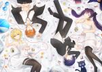  2boys 2girls alternate_costume animalization armpits bare_shoulders bead_necklace beads belt belt_buckle black_belt black_bow black_cat black_choker black_jacket black_necktie black_pantyhose black_sleeves black_socks blonde_hair blue_eyes blue_feathers blue_flower blue_hat book bow breasts buckle cat chain cherry choker cleavage cleavage_cutout clenched_hand closed_mouth clothing_cutout collarbone collared_shirt commentary conch contemporary couple criss-cross_halter dress dress_shirt earrings empty_eyes english_commentary eyelashes feather_hair_ornament feathers fingernails floral_print floral_print_dress flower food formal_clothes frilled_thigh_strap from_above fruit garter_belt genshin_impact gold_chain gold_earrings gold_trim hair_bow hair_flower hair_ornament halterneck hand_on_own_chin hand_on_own_head hand_on_own_stomach hand_up hat hetero highres inteyvat_flower_(genshin_impact) isnafw jacket jewelry lapels layered_sleeves long_hair long_sleeves looking_at_viewer lumine_(genshin_impact) lying medium_breasts medium_dress midriff_peek mona_(genshin_impact) mora_(genshin_impact) multicolored_flower multiple_boys multiple_girls narwhal necklace necktie notched_lapels on_back on_side open_clothes open_collar open_hands open_jacket open_mouth orange_hair pantyhose paper person_and_animalization photo_(object) pillow pink_nails ponytail_holder portrait_(object) print_dress purple_eyes purple_flower purple_hair purple_nails red_ribbon ribbon scaramouche_(cat)_(genshin_impact) scaramouche_(genshin_impact) shirt short_hair short_hair_with_long_locks sidelocks small_breasts socks star_(symbol) star_choker star_earrings strapless strapless_dress string string_of_fate suit_jacket swept_bangs tartaglia_(genshin_impact) thigh_strap tsurime twintails undershirt unworn_hat unworn_headwear white_dress white_flower white_shirt white_sleeves wispy_bangs witch_hat yellow_eyes 