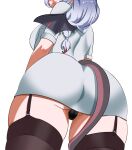  1girl absurdres ass back black_panties black_thighhighs blue_archive breasts bubble_head_nurse bubble_head_nurse_(cosplay) cameltoe clip_studio_paint_(medium) closed_mouth commentary cosplay cowboy_shot demon_girl demon_tail demon_wings foreshortening from_behind from_below garter_straps grey_hair haruna_(blue_archive) highres large_breasts lips long_hair low-tied_long_hair miniskirt nurse panties pencil_skirt royalbunny003 shirt short_sleeves silent_hill_(series) silent_hill_2 simple_background single_wing skirt smile solo tail thighhighs thighs transparent_background underwear upskirt white_shirt white_skirt wings zettai_ryouiki 