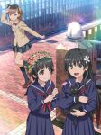  3girls :3 :d animal anime_coloring arm_up black_cat black_hair black_skirt black_socks blazer blu-ray_cover blue_eyes blue_sailor_collar blue_serafuku blue_shirt blue_skirt bow bowtie breasts bridge brown_eyes brown_hair brown_jacket brown_shoes cat cat_teaser closed_mouth collarbone collared_shirt cover cowboy_shot day dress_shirt dvd_cover emblem empty_eyes eyewear_on_head flower flower_hairband flower_wreath goggles goggles_on_head grey_skirt hair_between_eyes hair_flower hair_ornament head-mounted_display head_wreath holding holding_animal holding_cat jacket kneehighs light_rays loafers long_hair long_sleeves looking_at_another looking_at_viewer medium_hair medium_skirt misaka_imouto misaka_imouto_10032's_cat multiple_girls neckerchief night_vision_device official_art open_mouth outdoors penny_loafers pink_flower plaid_clothes plaid_skirt pleated_skirt red_bow red_bowtie red_neckerchief road sailor_collar sailor_shirt sakugawa_school_uniform salute saten_ruiko school_emblem school_uniform second-party_source serafuku shirt shoes short_hair skirt small_breasts smile socks standing standing_on_one_leg straight_hair street sunbeam sunlight tanaka_yuuichi teeth textless_version toaru_kagaku_no_railgun toaru_kagaku_no_railgun_t toaru_majutsu_no_index tokiwadai_school_uniform uiharu_kazari upper_teeth_only white_flower white_shirt wing_collar winter_uniform wreath 
