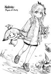  aranara_(genshin_impact) arm_at_side artist_name braid bright_pupils character_name closed_mouth commentary cross-shaped_pupils dutch_angle english_text eyelashes genshin_impact grass greyscale hair_between_eyes hair_ornament half_crown_braid hand_in_own_hair hand_up highres holding_hands jacket jun_(navigavi) leaf_hair_ornament long_hair looking_at_viewer monochrome nahida_(genshin_impact) open_clothes open_jacket outdoors pointy_ears ponytail sandals shirt short_shorts shorts side_ponytail sidelocks signature simple_background sketch smile symbol-shaped_pupils white_background 