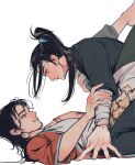  2boys all_wishes_come_true! arm_wrap barefoot black_hair black_hanfu black_pants blue_trim blush chinese_clothes closed_mouth coat commentary_request ear_blush eye_contact facial_hair from_side half_updo hand_on_another's_thigh hanfu high_ponytail highres holding_another's_arm holding_another's_leg holding_another's_wrist jewelry kneeling large_pectorals legs_up ln_(yc24720223) long_hair long_sleeves looking_at_another lv_dongbin_(all_wishes_come_true!) lying male_focus multiple_boys mustache_stubble necklace nose_blush on_back open_clothes open_coat outstretched_arm pants parted_lips pectoral_cleavage pectorals ponytail profile red_coat robe shirt simple_background smile spread_legs stubble sweat white_background white_hanfu wide_sleeves yaoi zhongli_quan_(all_wishes_come_true!) 