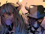  1boy 1girl a_phu blue_hair blunt_bangs brother_and_sister commentary eyelashes hair_over_one_eye hat highres horns long_hair looking_at_viewer mask mouth_mask multicolored_hair one_piece outdoors page_one_(one_piece) pink_hair pink_streaks purple_hair siblings streaked_hair two-tone_hat ulti_(one_piece) 