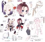  2girls amy_(mahoiku) blue_eyes brown_hair closed_eyes commentary_request earrings fingernails hair_ornament heart-shaped_gem holding holding_weapon japanese_clothes jewelry magical_girl mahou_shoujo_ikusei_keikaku mahou_shoujo_ikusei_keikaku_f2p maruino monako_(mahoiku) multicolored_hair multiple_girls obi pantyhose puffy_sleeves reference_sheet sash shakujou short_hair smile staff weapon wide_sleeves yellow_eyes 
