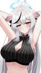  1girl adapted_costume aged_up alternate_breast_size_(larger) animal_ears armpits arms_behind_head black_shirt blue_archive blue_halo blush breasts brown_eyes cleavage closed_mouth commentary doham grey_hair halo highres kokona_(blue_archive) large_breasts long_hair looking_at_viewer midriff multicolored_hair shirt sidelocks smile solo split_mouth streaked_hair tiger_ears very_long_hair 