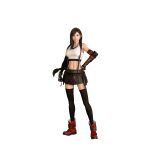  1girl 3d bare_shoulders black_bra black_hair black_skirt black_thighhighs boots bra breasts closed_mouth crop_top earrings elbow_gloves elbow_pads final_fantasy final_fantasy_vii final_fantasy_vii_remake final_fantasy_vii_revelation fingerless_gloves full_body gloves hair_tie hand_on_own_hip highres jewelry large_breasts long_hair looking_at_viewer low-tied_long_hair materia midriff miniskirt navel official_art pleated_skirt red_boots red_eyes shirt sideburns single_arm_guard single_elbow_pad skirt sleeveless sleeveless_shirt smile solo sports_bra standing suspenders thighhighs tifa_lockhart transparent_background underwear white_background white_shirt 
