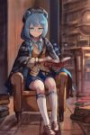  1girl animal_ears arknights armchair bannouyakunta bear_ears bear_girl beret black_hat blue_eyes blue_hair blue_necktie blue_skirt book book_stack bookshelf braid brown_jacket cardigan chair collared_shirt commentary_request cyrillic full_body globe hair_over_shoulder hat highres holding holding_book indoors istina_(arknights) jacket kneehighs loafers long_hair long_sleeves monocle necktie open_book pleated_skirt reading semi-rimless_eyewear shirt shoes single_braid sitting skirt socks solo vest white_shirt white_socks yellow_cardigan 