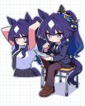  1girl absurdres adjusting_hair animal_ears arms_up black_necktie black_pantyhose black_skirt blue_eyes blue_hair blue_jacket blush breasts brown_shoes collared_shirt commentary_request desk ear_covers earrings grid_background hair_between_eyes highres holding holding_notebook holding_pen horse_ears horse_girl horse_tail jacket jewelry jorang_(jorang08) korean_commentary loafers long_hair medium_breasts mole mole_under_eye multicolored_hair necktie notebook on_desk pantyhose pen pleated_skirt ponytail reading school_desk school_uniform shirt shoes single_ear_cover sitting skirt tail tying_hair umamusume verxina_(umamusume) white_shirt 