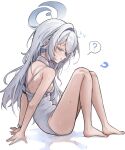  1girl ? absurdres arm_strap arms_behind_back blue_archive blue_halo breasts colored_eyelashes commentary detached_collar from_side hair_intakes halo highleg highleg_one-piece_swimsuit highres hoangryu long_hair long_single_sidelock looking_at_viewer multicolored_eyes one-piece_swimsuit sayuri_(blue_archive) sideways_glance sitting small_breasts solo spoken_question_mark swimsuit white_background white_eyelashes white_hair white_one-piece_swimsuit 