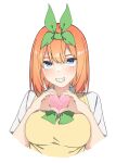  1girl asahiyama_high_school_uniform blue_eyes blush bow bowtie breasts commentary_request eyebrows_hidden_by_hair go-toubun_no_hanayome green_bow green_bowtie green_hairband green_ribbon hair_ribbon hairband heart heart_hands highres looking_at_viewer nakano_yotsuba orange_hair ran_maru ribbon school_uniform shirt solo sweater_vest teeth white_background white_shirt yellow_sweater_vest 