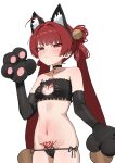  1girl animal_ear_fluff animal_ear_hairband animal_ears bell bikini black_bikini black_gloves blush breasts cat_ears cat_lingerie choker cleavage_cutout clothing_cutout commentary cowboy_shot double_bun elbow_gloves fake_animal_ears flasso gloves groin hair_bun hairband highres light_frown long_hair looking_at_viewer lowleg lowleg_panties narrowed_eyes navel neck_bell panties pubic_tattoo red_eyes red_hair simple_background small_breasts solo stomach suoming_(wuthering_waves) swimsuit tattoo twintails underwear untranslatable_commentary white_background wuthering_waves 