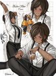  1girl alcohol bottle breasts brown_eyes brown_hair collared_shirt commentary cup dark-skinned_female dark_skin highres holding holding_cup ice jim_beam_(whiskey) large_breasts latorta_il limbus_company long_sleeves looking_at_viewer mature_eyes molar_office_(identity)_(project_moon) musical_note necktie outis_(project_moon) pants project_moon shirt short_hair simple_background smile solo spoken_musical_note suspenders untranslatable_commentary whiskey white_shirt 