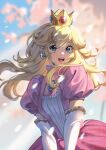  1girl artist_name bellachiiii blonde_hair blue_eyes blue_gem blue_sky blurry blurry_background cherry_blossoms chromatic_aberration commentary cowboy_shot crown double-parted_bangs dress earrings elbow_gloves english_commentary falling_petals flipped_hair floating_hair gem gloves highres jewelry light_rays lips long_hair looking_at_viewer loose_hair_strand mario_(series) open_mouth outdoors petals pink_dress pink_lips pink_petals princess princess_peach puffy_short_sleeves puffy_sleeves shade short_sleeves sidelighting sidelocks sky smile solo sparkle sunbeam sunlight watermark white_gloves wind 