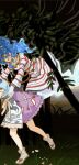  2girls absurdres apron commentary_request dress fine_art_parody flying foul_detective_satori frilled_skirt frills ghost hair_between_eyes highres looking_at_another mika_(alquermes) mixed-language_commentary miyadeguchi_mizuchi multiple_girls okunoda_miyoi open_mouth outstretched_arms parody pink_skirt print_apron red_dress running sandals skirt striped_clothes striped_dress tabi thumbnail_collage touhou tree two-tone_dress white_dress zouri 