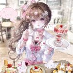  :d absurdres ahoge animal_print bead_bracelet beads bow bracelet breasts brown_hair character_request cherry choker clothes_around_waist collarbone collared_shirt commission copyright_request dessert fang food fruit grey_eyes gyaru hair_between_eyes hair_bow hair_intakes hair_ornament hairclip hello_kitty hello_kitty_(character) highres holding holding_plate holding_spoon ice_cream indoors jewelry kogal leopard_print long_hair long_sleeves looking_at_viewer medium_breasts mihuashi_commission my_melody my_melody_(series) necklace open_mouth pink_bow pink_choker plate ponytail print_bow pudding red_skirt sanrio school_uniform shirt skirt smile spoon strawberry sundae table too_many_watermarks watermark white_shirt xiao_sui_tingyu 