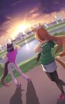  2girls animal_ears black_leggings bottle brown_hair building cloud commentary daweykun english_commentary floating_hair from_behind grass green_hoodie hair_ribbon hairband hand_on_own_hip highres holding holding_bottle hood hood_down hoodie horse_ears horse_girl horse_tail lake leaning_forward leggings leggings_under_shorts long_hair looking_afar multiple_girls pants pink_shirt pink_shoes purple_ribbon ribbon shading_eyes shadow shirt shoes short_hair short_sleeves shorts silence_suzuka_(umamusume) simple_bird sky special_week_(umamusume) sportswear standing sun sunset t-shirt tail town track_pants umamusume walking white_hairband white_pants white_shorts 