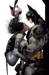  1boy 1girl absolute_batman absolute_dc animal_ear_helmet animal_helmet bat_mask batman batman_(absolute_dc) batman_(series) belt bleeding blood bruce_wayne_(absolute_dc) cat_helmet catwoman catwoman_(absolute_dc) claw_(weapon) commentary dark-skinned_female dark_skin dc_comics english_commentary eye_contact fake_tail gloves highres jorge_jimenez lifting_person looking_at_another muscular muscular_male official_art removing_helmet scratches selina_kyle_(absolute_dc) superhero_costume tail tall_male utility_belt weapon 