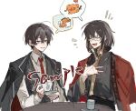  2boys animalization bespectacled black_eyes black_hair black_jacket bow closed_eyes coat coat_on_shoulders collared_shirt commentary_request commission cup dual_persona freckles glasses hair_bow heishou_pack-wu_branch_(identity)_(project_moon) highres holding holding_cup ishmael_(project_moon) jacket jacket_on_shoulders jingshenhuanghu limbus_company looking_at_viewer male_focus multiple_boys necktie octopus open_mouth project_moon red_coat red_necktie sample_watermark saucer shirt short_hair simple_background smile speech_bubble table teacup unfinished watermark white_background white_bow white_shirt yi_sang_(project_moon) 