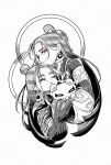  1boy 2boys chinese_clothes closed_eyes closed_mouth commentary_request con_(fate) creature dual_persona earrings eyeshadow fate/grand_order fate_(series) gloves greyscale hair_rings halo highres holding hug jewelry long_hair long_sleeves looking_at_another looking_at_viewer makeup male_focus monochrome multiple_boys nao_oppaisukiii partial_commentary red_eyeshadow robe simple_background smile spot_color taisui_xingjun_(adult)_(fate) taisui_xingjun_(fate) upper_body white_background 