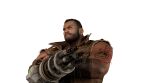  1boy 3d bare_shoulders barret_wallace beard black_hair brown_eyes brown_vest closed_mouth dark-skinned_male dark_skin earrings facial_hair final_fantasy final_fantasy_vii final_fantasy_vii_remake final_fantasy_vii_revelation fingerless_gloves gloves gun hand_on_own_arm highres jewelry looking_at_viewer male_focus official_art portrait prosthetic_weapon short_hair skull_tattoo solo tattoo transparent_background upper_body very_short_hair vest weapon white_background 