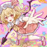  1girl :d absurdres ascot blonde_hair cococo_art collared_shirt colorful_background commentary_request crystal crystal_wings flandre_scarlet frilled_shirt_collar frilled_skirt frills hat hat_ribbon highres holding holding_weapon laevatein_(touhou) looking_at_viewer mob_cap multicolored_wings musical_note one_side_up open_mouth puffy_short_sleeves puffy_sleeves red_eyes red_shoes red_skirt red_vest ribbon shirt shoes short_sleeves skirt skirt_set smile socks solo star_(symbol) stuffed_animal stuffed_toy teddy_bear touhou vest weapon white_hat white_shirt white_socks wings yellow_ascot 