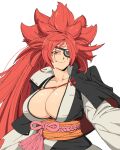  1girl amputee baiken big_hair black_kimono breasts cleavage commentary eyepatch facial_tattoo guilty_gear highres japanese_clothes kataginu kimono large_breasts long_hair multicolored_kimono octavius_(octavius_dp) one-eyed open_clothes open_kimono pink_hair red_eyes samurai sash scar scar_across_eye scar_on_face tattoo torn_sleeve white_kimono 