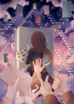  1girl 5others absurdres black_jacket black_skirt bouquet brown_hair cloud cloudy_sky commentary_request door eighth_note falling_petals feet_out_of_frame floating_stairs flower from_behind graduation highres holding holding_bouquet holding_letter jacket letter long_hair long_sleeves loose_hair_strand mint_onyo multiple_others musical_note non-circular_lens_flare open_hand opening_door original petals pleated_skirt reaching reaching_towards_another school_uniform skirt sky thumbs_up v white_flower 
