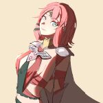  1girl alexandra_tamsanqa armor arms_behind_back breasts cape circlet cleavage cleavage_cutout closed_mouth clothing_cutout commentary_request crop_top fire_emblem fire_emblem:_fortune's_weave from_side green_eyes lipstick looking_at_viewer looking_to_the_side makeup medium_breasts midriff nose pink_hair pokomi_9 short_hair shoulder_armor sideboob smile solo upper_body white_background white_cape 