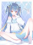  1girl absurdres ahoge ankle_socks argyle_background artist_name bare_legs bare_shoulders bed_sheet blonde_streaks blue_background blue_bow blue_bowtie blue_hair blue_horns blue_shirt blue_skirt blush border bottle bow bowtie brown_pupils cetacean_tail chinese_commentary commentary_request commission cone_horns convenient_censoring corked_bottle cross-laced_clothes cross-laced_sleeves cross-laced_slit cross-laced_top curled_fingers dorsiflexion dot_nose fins fish_tail flat_chest frilled_shirt frills full_body hair_bow hair_ornament hand_to_own_mouth hand_up highres horns jewelry knee_up layered_shirt layered_skirt long_hair long_sleeves looking_at_viewer making-of_available microskirt multi-source_commentary multicolored_eyes multicolored_hair narwhal_girl necklace no_shoes off-shoulder_shirt off_shoulder ohako_miyu original outside_border panties pantyshot parted_lips peanut_mouth petticoat raised_inner_eyebrows red_eyes ribbon shell shell_necklace shirt signature single_horn sitting skirt socks soles solo sparkle sparkling_eyes spread_legs star_(symbol) star_hair_ornament star_necklace streaked_hair tail tail_ornament tail_ribbon teardrop_necklace two-tone_eyes two-tone_hair two-tone_skirt two_side_up underwear variant_set very_long_hair whale_hair_ornament white_border white_shirt white_socks yellow_eyes yellow_skirt 