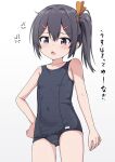  1girl absurdres anger_vein bare_arms bare_shoulders black_hair black_one-piece_swimsuit blush breasts brown_ribbon collarbone commentary_request covered_navel cowboy_shot gradient_background grey_background grey_eyes hair_between_eyes hair_ornament hair_ribbon hairclip hand_on_own_hip highres looking_at_viewer old_school_swimsuit one-piece_swimsuit open_mouth original ribbon school_swimsuit side_ponytail small_breasts solo swimsuit takasuma_hiro translation_request white_background 