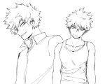  1boy arms_at_sides bakugou_katsuki bare_shoulders boku_no_hero_academia closed_mouth collarbone collared_shirt commentary dkyoudai dress_shirt expressionless eyebrows_hidden_by_hair greyscale grin hatching_(texture) head_tilt linear_hatching lineart looking_at_viewer looking_to_the_side male_focus medium_sideburns monochrome multiple_expressions multiple_views open_collar parted_lips projected_inset sanpaku shirt short_hair sideburns sideways_glance sideways_mouth simple_background smile spiked_hair split_mouth tank_top tsurime upper_body white_background wing_collar 