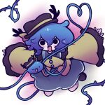  1girl :d alternate_hair_color black_eyes black_hat blue_hair blush bow buttons collared_shirt disembodied_linked_eye eyeball frilled_shirt_collar frilled_sleeves frills green_skirt hat hat_bow heart heart_of_string highres komeiji_koishi long_sleeves looking_at_viewer outstretched_arms shirt skirt smile solo spread_arms thorns touhou wide_sleeves yellow_bow yellow_shirt zunusama 