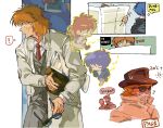  ! 1girl 3boys absurdres ad_(object) amuffinrag blue_background blue_hair bob_cut brown_hat buttons carrying carrying_under_arm chibi chibi_inset closed_eyes coat collared_coat commentary covered_face covered_mouth cowboy_shot disguise dress_shirt english_commentary english_text flying_sweatdrops footprints from_above from_side ghost_in_the_shell green_background grey_coat grey_pants grey_vest hair_between_eyes hat hiding highres holding holding_removed_eyewear holding_unworn_clothes holding_unworn_hat ink_stamp inset_border kusanagi_motoko leaning_forward looking_to_the_side mask mouth_mask multiple_boys multiple_views nape necktie newspaper no_eyes no_mouth open_mouth orange_hair outline outside_border pants portrait red_necktie shirt short_hair_with_long_locks simple_background sound_effects speech_bubble spoken_exclamation_mark straight-on suit_pants sun sunglasses sweatdrop temperature the_ghost_in_the_shell_(2026) thought_bubble togusa_(gits) trench_coat unworn_eyewear unworn_hat unworn_headwear vest white_background white_shirt wolf_cut yellow_outline 
